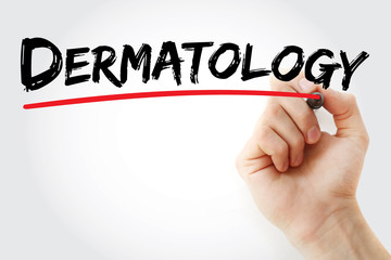 Hand writing Dermatology with marker, health concept background