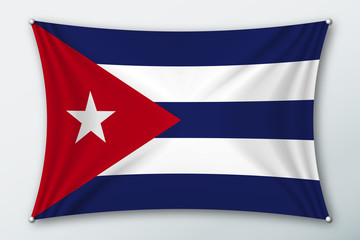 Cuba national flag. Symbol of the country on a stretched fabric with waves attached with pins. Realistic vector illustration.