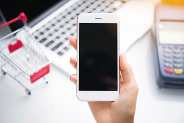 online shopping concept on the wooden table background