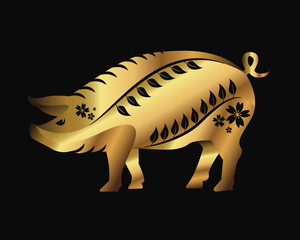 Modern Elegant Abstract Gold Chinese Zodiac Animal Illustration, Pig