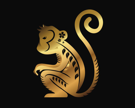 Modern Elegant Abstract Gold Chinese Zodiac Animal Illustration, Monkey