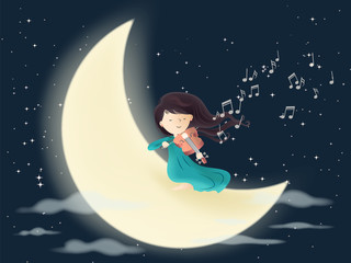 Obraz na płótnie Canvas Playing violin on the moon in night with many stars - Love and passion for music vector illustration