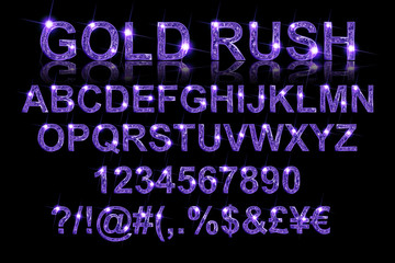 Gold rush. Gold violet alphabetic fonts