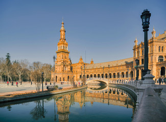 Fototapeta premium Plaza de Espana, Seville, Andalucia, Spain. The pavilion buildings and courtyard within the Plaza de España