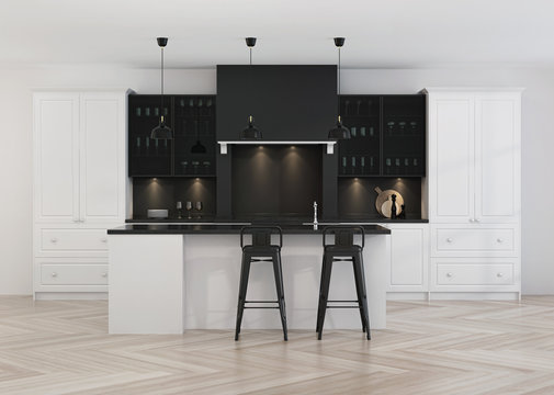 Kitchen interior design in classic style. 3D rendering.