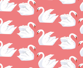 Fototapeta premium Seamless pattern with a pair of lovers swans on a pink background. Vector texture for your creativity