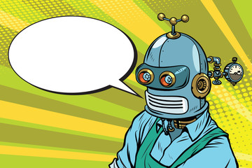 Robot Worker in apron says, the comic book bubble © studiostoks