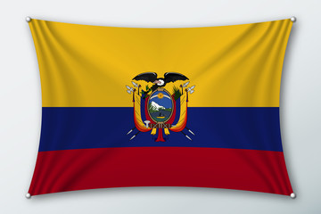 Fototapeta premium Ecuador national flag. Symbol of the country on a stretched fabric with waves attached with pins. Realistic vector illustration.