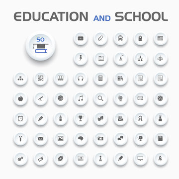 Education and school icons on buttons and white background