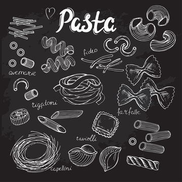 hand drawn set pasta collection on the black background