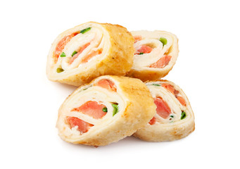 Tortilla sushi with salmon isolated on white background