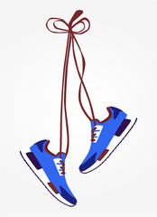 Stylish blue sneakers for training with long laces on white background, vector, illustration,