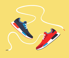Stylish colored sneakers for training with long laces on yellow background, vector, illustration,