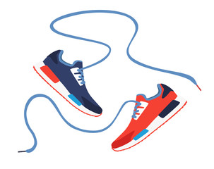 Stylish colored sneakers for training with long laces on white background, vector, illustration,
