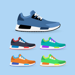 Set of stylish sneakers for training on blue  background