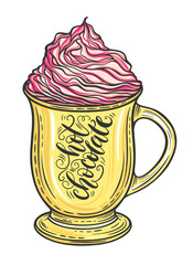 Decorative hand drawn doodle vector illustration. Hot chocolate or coffee in a mug with whipped caramel