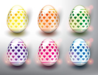 Set of 6 color Easter Eggs. Design elements for holiday cards. Easter collection. Colorful, glossy and isolated with realistic light and shadow on the light panel. Vector illustration. Eps10.