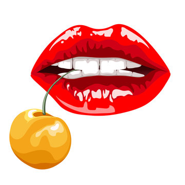 women's lips with yellow cherry  