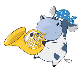 Illustration of a Cute Cow Trumpeter. Cartoon Character
