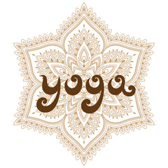 Yoga - lettering in retro style. Vector henna tatoo mandala. Mehndi style.Decorative pattern in oriental style.