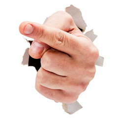 Obraz premium Hand breaking through paper and pointing left isolated on white.