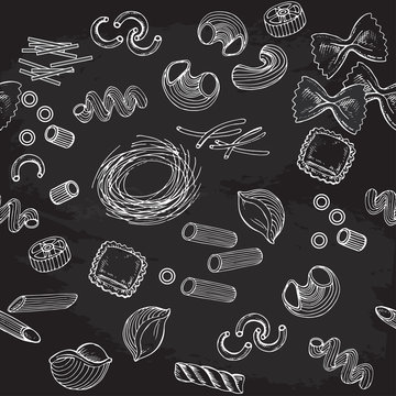 hand drawn set pasta collection on the black background seamless