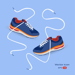 Stylish blue sneakers for running with long laces on blue background, vector, illustration,