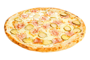 Delicious classic italian pizza with ham, sausages, corn, cucumbers and cheese
