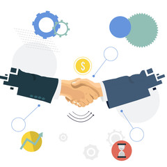 Shaking hands business vector illustration. Business items on background. Vector flat design style