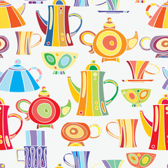 Seamless pattern of hand-drawn and painted teapots and cups. Vector graphics.