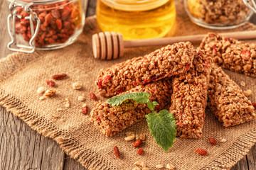 Homemade muesli bars with fruit and nuts. 