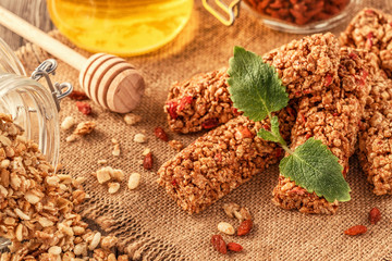 Homemade muesli bars with fruit and nuts. 