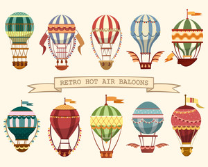 Icons of vintage hot air balloons with flags