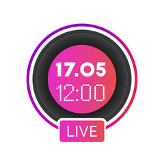 Live video blog vector social media time/date icon. Rounded live stream promotion banner isolated on white background