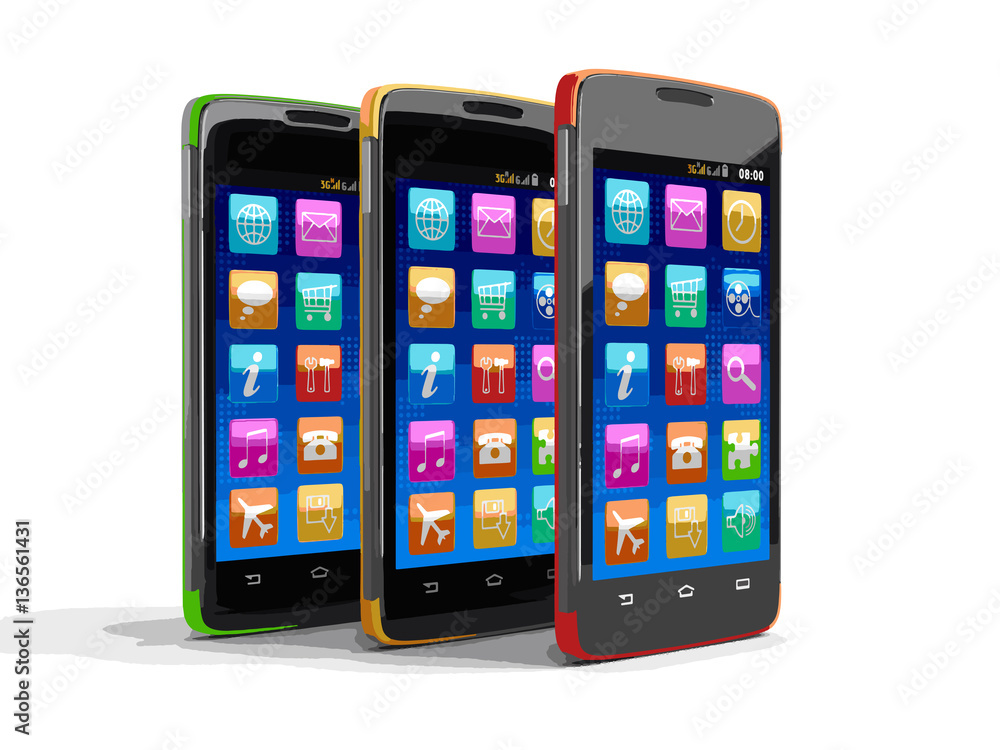 Poster touchscreen smartphones with pictograms. image with clipping path.