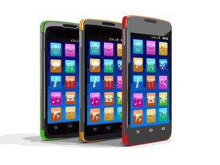 Touchscreen smartphones with pictograms. Image with clipping path.