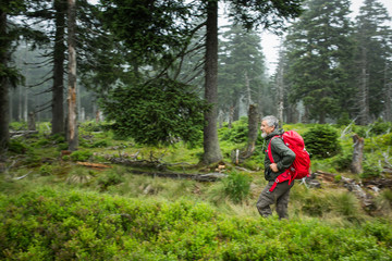 Active senior hiking in high mountains (motion blur technique us