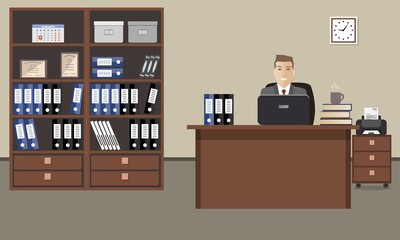 Workplace of office worker. The young man is an employee at work. There is also a table, two cabinets with folders, a printer and other objects in the picture. Vector flat illustration