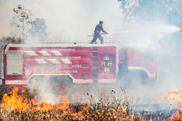Obraz premium The fireman on fire truk with hose extinguish a fire