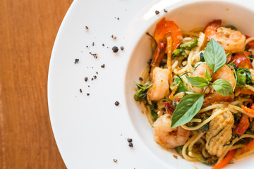 spaghetti seafood mix with basil and herb
