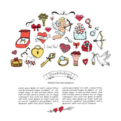 Fototapeta premium Hand drawn doodle Love and Feelings collection Vector illustration Sketchy Love icons Big set of icons for Valentine's day, Mothers day, wedding, love and romantic events Hearts hands cupid bouquet
