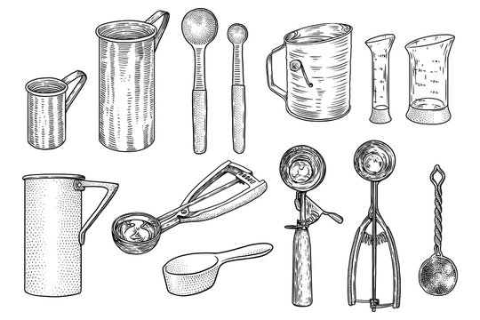 Kitchen utensil set illsutration, drawing, engraving, line art
