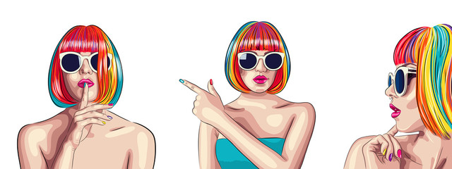 vector set of three beautiful women wearing colorful wig