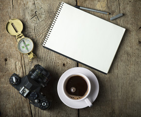 Camera, red heart and cup of a coffee.