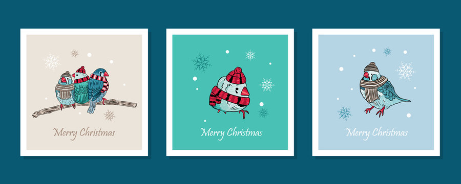 vector cards with cute birds warm dressed in winter season