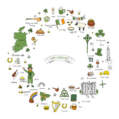 Fototapeta premium Hand drawn doodle Happy St. Patrick's Day set. Ireland icons. Vector illustration Sketchy Irish traditional food icons elements Flag Map Celtic Cross Knot Castle Leprechaun Shamrock Harp Pot of gold