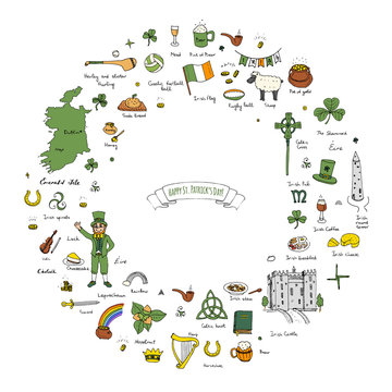 Hand drawn doodle Happy St. Patrick's Day set. Ireland icons. Vector illustration Sketchy Irish traditional food icons elements Flag Map Celtic Cross Knot Castle Leprechaun Shamrock Harp Pot of gold
