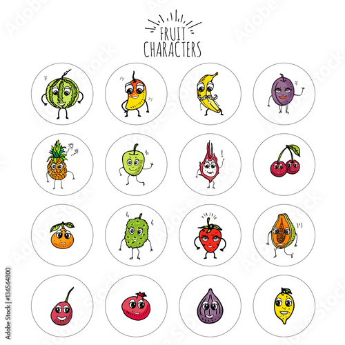 "Hand drawn doodle emoji Fruits characters icons set. Vector