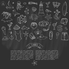 Hand drawn doodle summer set icons Vector illustration Sketchy summer holiday elements collection Isolated vacation objects Cartoon summer beach journey symbols Summertime traveling background