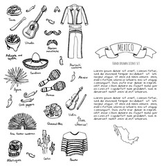 Hand drawn doodle Mexico set Vector illustration Sketchy mexican food icons United Mexican States elements Flag Maracas Sombrero Viva Mexico Maya Pyramid Aztec Tequila Agave Mariachi Poncho Guacamole